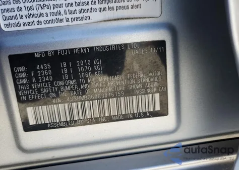 2012 Subaru Legacy 2.5I Premium z USA, uszkodzony, nr VIN 4S3BMBC60C3016159